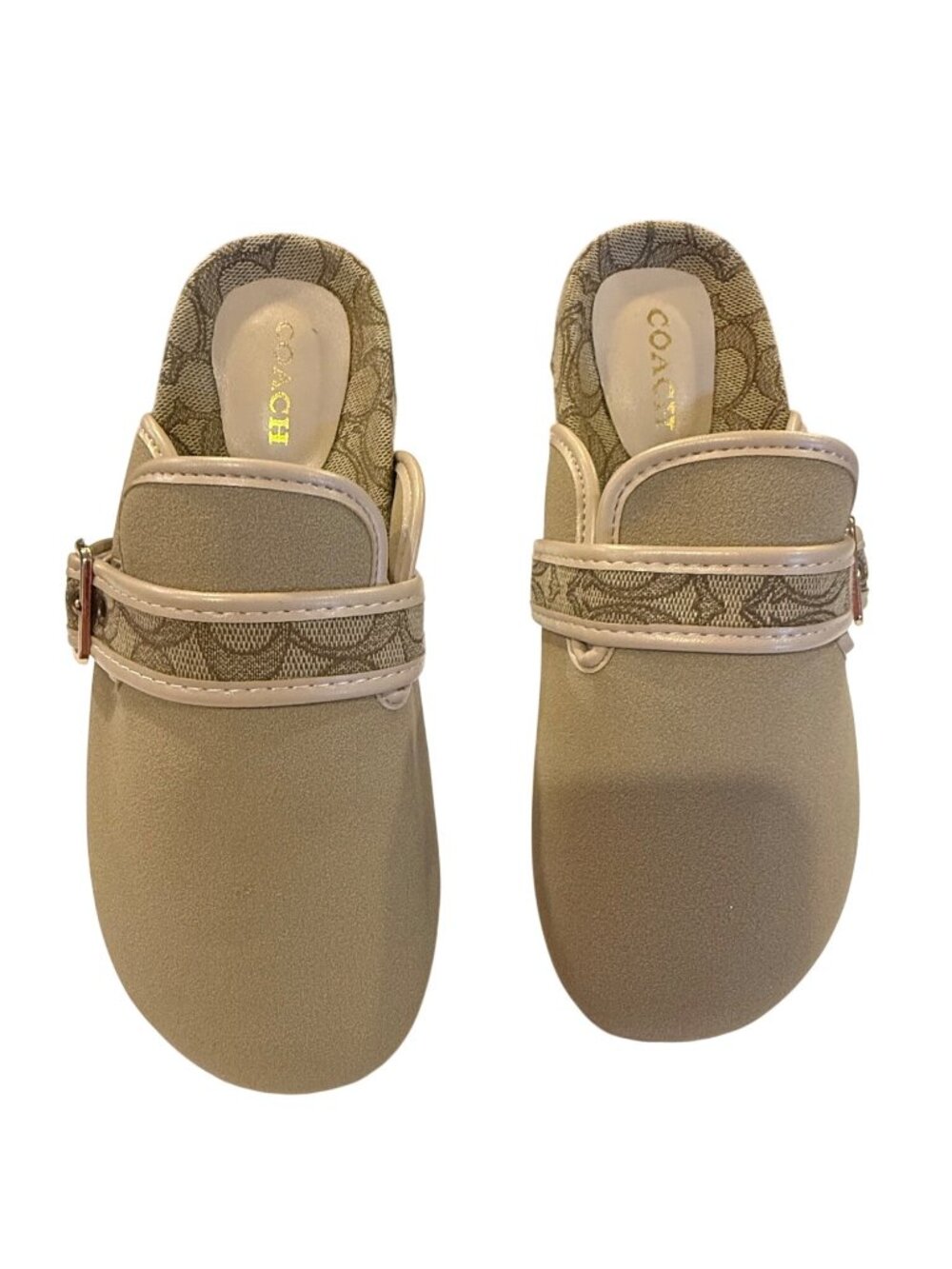 Coach Beige Slip-On Mules With Gold Buckle Detail & Monogram Lining